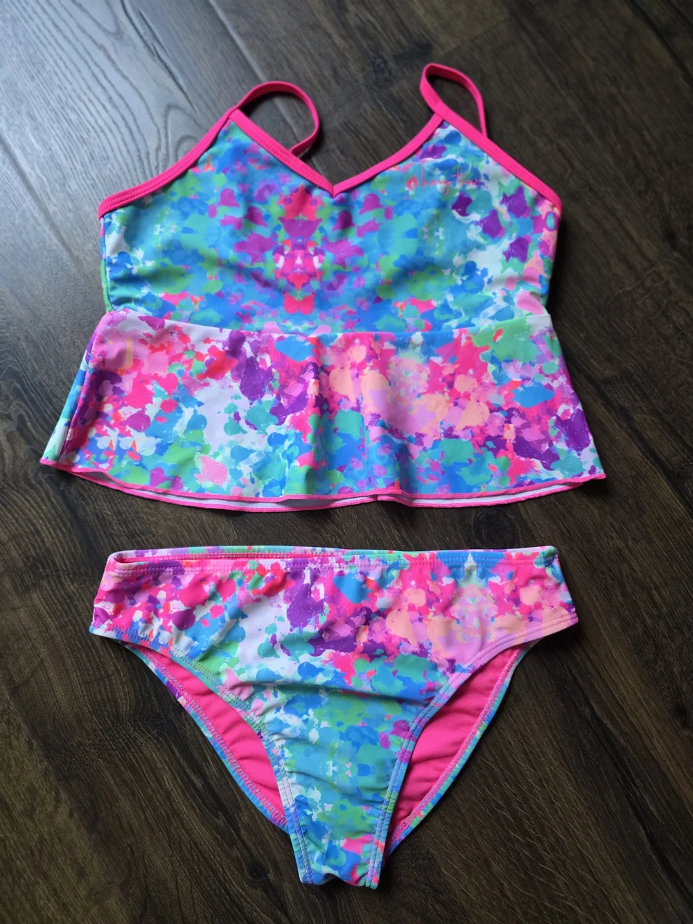 Hang Ten Girls' Bright Pink & Aqua Floral Tankini Set